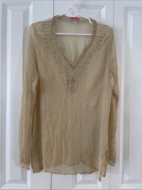 Embellished V-Neck Long Sleeve Tunic - Cream